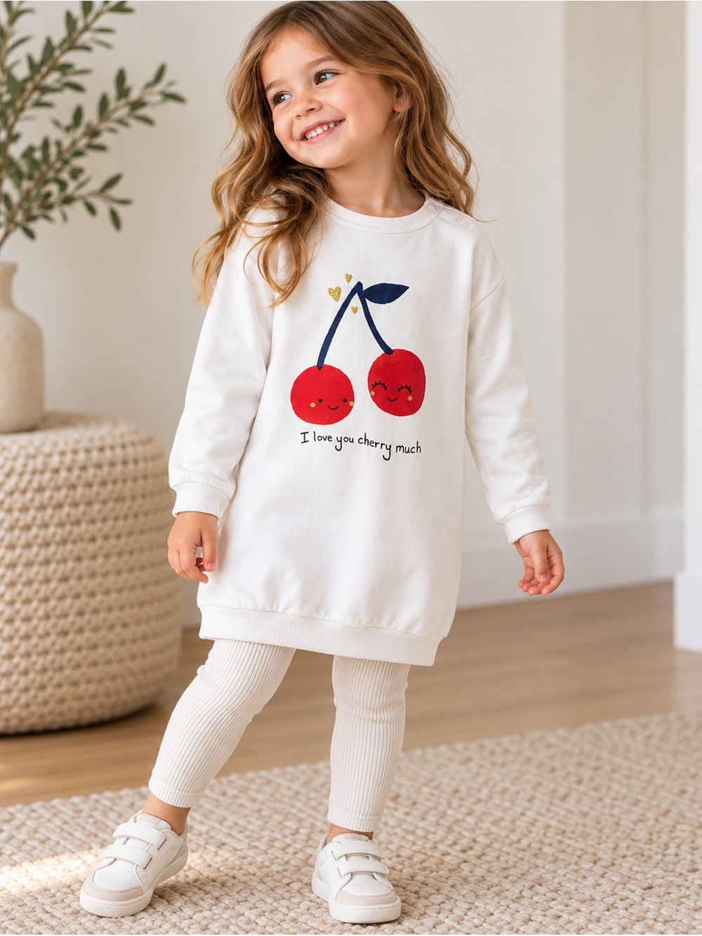 H&M Girls White Cherry Sweatshirt Dress “I Love You Cherry Much” | 3-4Y